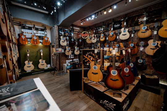 Tokyo, Japan - March 10, 2026: Interior of a guitar shop in Ochanomizu district of Tokyo, Japan
