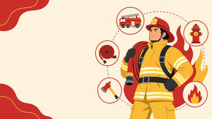 Firefighter and Safety Equipment: A strong firefighter in full gear stands confidently, surrounded by essential fire safety equipment depicted in a circular diagram. © Ahmed