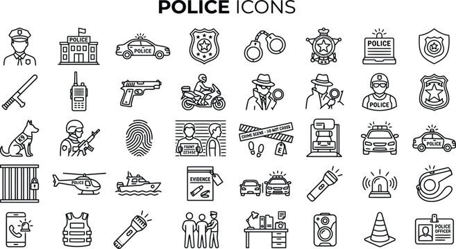 Police Icons Set: Law Enforcement Detective and Justice Symbols