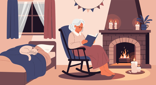 Senior woman sitting in a rocking chair and reading a book by a cozy fireplace while a cat sleeps on the bed.
