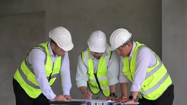 Three professional Asian male engineers and architects collaborate on a construction site, reviewing building blueprints and discussing structural planning for an upcoming commercial real estate proje
