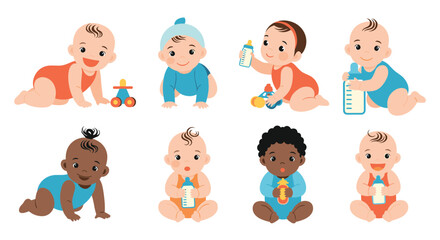 Naklejka premium Collection of diverse babies in various poses like crawling and sitting while holding milk bottles on a white background.