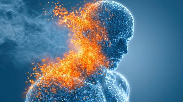 Educational 3D medical illustration explaining human body heat stroke pathogenesis, abnormal body temperature regulation, organ damage caused by extreme high temperature, used for emergency medicine 