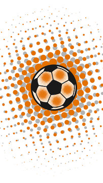 Soccer Ball Pop Art Graphic with Orange Halftone Background. Soccer Football design template,free copy space, vector vertical background
