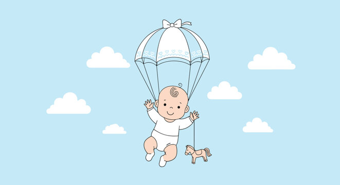 Cute baby floating through the sky with a striped parachute while holding onto a small toy wooden rocking horse.