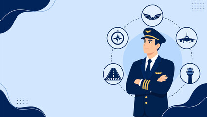 Professional Pilot Illustration: A stylized portrait of a confident airplane pilot in uniform, surrounded by thematic icons representing aviation, travel, and air navigation for professional branding. © Ahmed