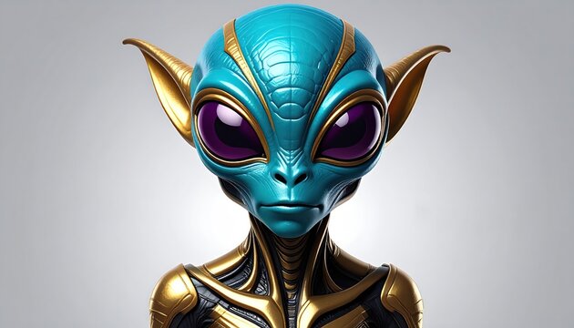 Intriguing Portrait of a Teal-Skinned Extraterrestrial with Golden Accents and Large Eyes.