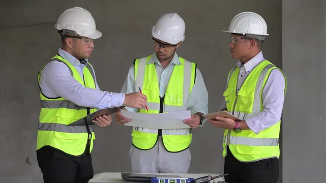 Three professional Asian male engineers and architects collaborate on a construction site, reviewing building blueprints and discussing structural planning for an upcoming commercial real estate proje