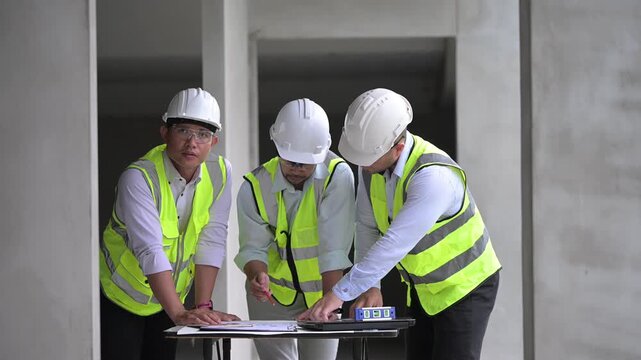 Three professional Asian male engineers and architects collaborate on a construction site, reviewing building blueprints and discussing structural planning for an upcoming commercial real estate proje