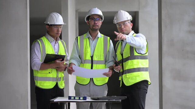 Three professional Asian male engineers and architects collaborate on a construction site, reviewing building blueprints and discussing structural planning for an upcoming commercial real estate proje