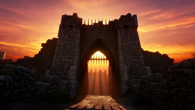Majestic stone castle gate illuminated by a vibrant sunset. A symbol of history, strength, and the passage of time