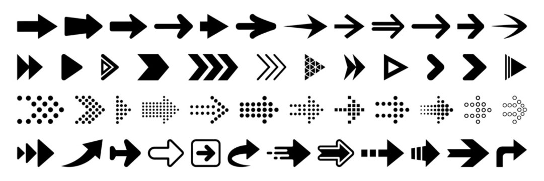Arrow icons set, various directional arrow symbols and cursor signs, set of black arrow icons