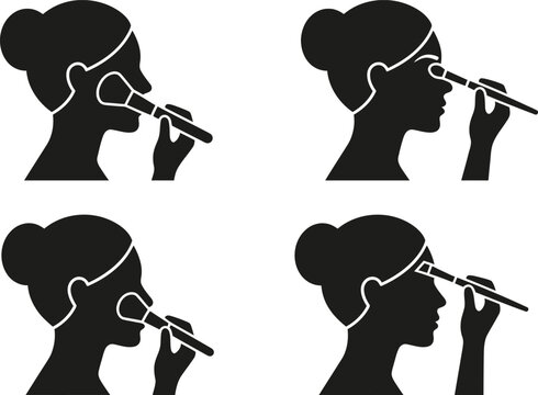 Woman Applying Makeup Silhouette Icon Set: Blush, Eyeshadow, Foundation Steps