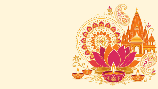 Diwali Festival of Lights: Vibrant depiction of Diwali, featuring intricate rangoli patterns, diyas, lotus flower, and temple architecture, symbolizing spiritual celebration and auspicious beginnings.