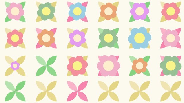 4k footage animation of pattern with lilac, pink, red and green color flower with yellow cream backgrounds in trendy retro trippy 2000s style. Use for banners, web, fashion, wallpaper, roovy, funky
