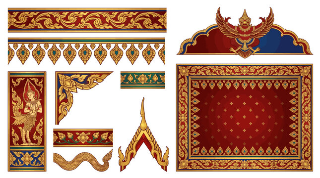 Thai Temple Mural Lai Thai Pattern Border Frame Vector Set with Kranok Flame Vine Kanok Lotus Kinnaree Garuda Naga and Royal Gold Design