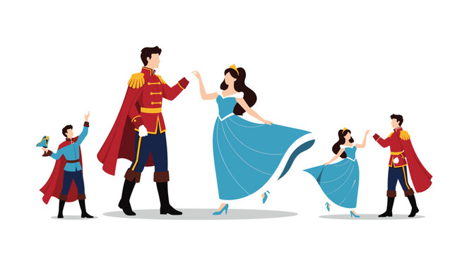 Elegant royal family silhouettes in formal attire and ball gowns dancing gracefully together in a grand palace ballroom.