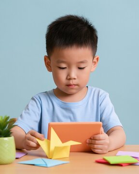 Origami Artist in Training: A young boy intently focuses on creating an origami crane, guided by an electronic tablet, surrounded by colorful paper and a small plant.
