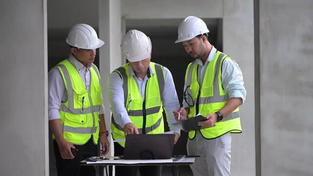 Three professional Asian male engineers and architects collaborate on a construction site, reviewing building blueprints and discussing structural planning for an upcoming commercial real estate proje