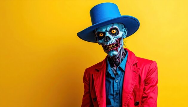 Sinister Skeleton in Red Blazer and Blue Hat Posing Against Yellow Backdrop.
