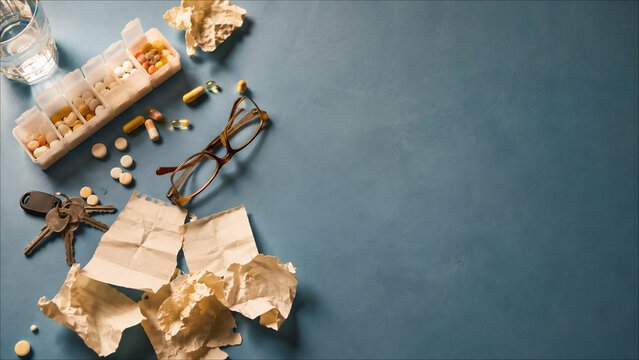 Flat lay of pills organizer glasses and notes, memory loss and elderly medication concept