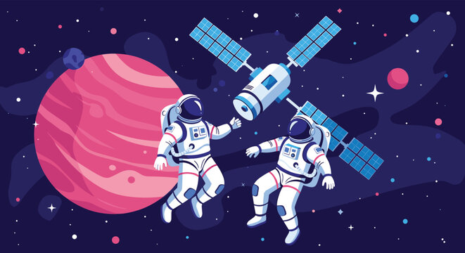 Two brave astronauts floating in zero gravity near a modern satellite and a large pink gas planet in the deep universe.