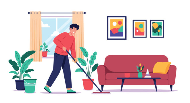 Young man cleaning his living room with a mop near houseplants and a sofa for a tidy and healthy home environment.