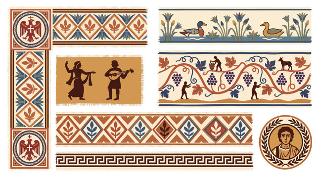 Coptic Egyptian Textile Tapestry Border Frame Vector Set with Nilotic Scene Dionysiac Vine Dancer Roundel Eagle Cross and Woven Texture Design