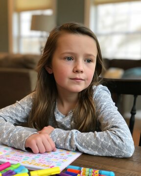 Pensive Young Learner: A young girl with thoughtful eyes rests her arms on a table covered with colorful papers and art supplies, engrossed in her creative endeavors.