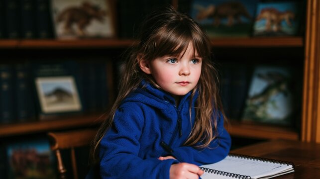 Curiosity Unfolds: A young girl with thoughtful eyes and long brown hair, dressed in a vibrant blue hoodie, sits at a wooden desk, engrossed in her notebook.