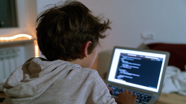 Young Coder at Work: A young boy, seen from behind, intently focused on the glowing screen of a laptop, his hands poised over the keyboard, engaged in learning or creating with code.