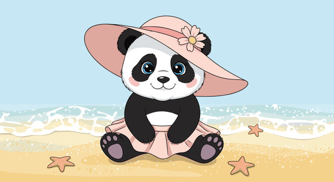 Adorable baby panda wearing a pink sun hat and skirt sitting on a sandy beach with starfish and waves.