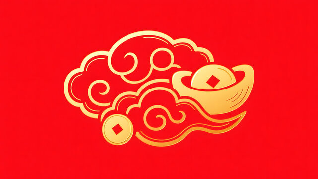 Golden ingot and coin on red background with auspicious cloud pattern