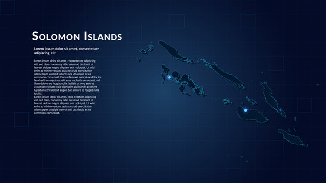 Map of Solomon Islands. Neon lights on dark background highlighting the major cities.