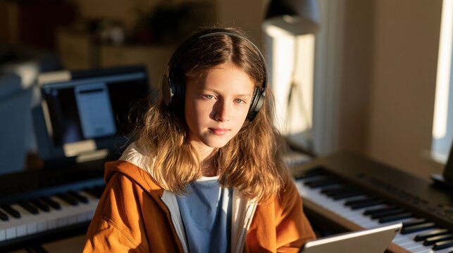 Young Musician Learning Online: A focused teenager wearing headphone sits before a keyboard, engaging in an interactive online music lesson with a digital tablet in a sunlit home studio.