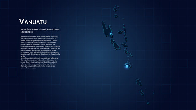 Map of Vanuatu. Neon lights on dark background highlighting the major cities.