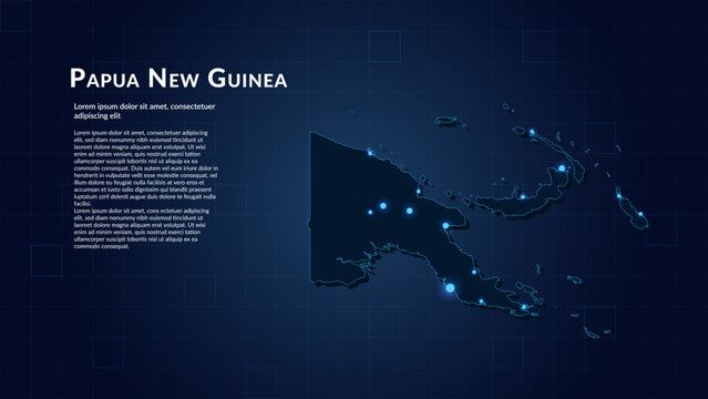 Map of Papua New Guinea. Neon lights on dark background highlighting the major cities.