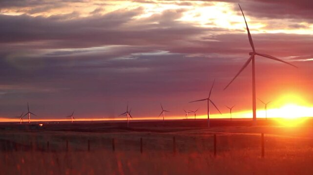 A cinematic view of a windmill farm spread across a vast hilly area during sunset. The golden and reddish rays of the sun penetrate the dramatic clouds in the sky, 
