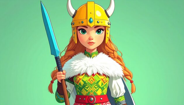 Vibrant Cartoon Viking Woman with Spear and Horned Helmet, Ready for Adventure.