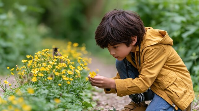 Curiosity in Bloom: A young boy in a yellow jacket crouches to examine a cluster of vibrant yellow wildflowers, his face a picture of gentle fascination.