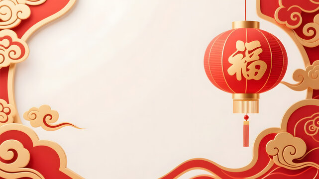 Red Chinese lantern with gold 'Fu' character, surrounded by red and gold cloud patterns on white background