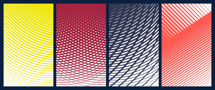 Abstract geometric vector poster set with halftone grid and optical illusion patterns, Shape distortion and linear gradients with transition effect, dynamic graphic for banner and wall art, kit 1