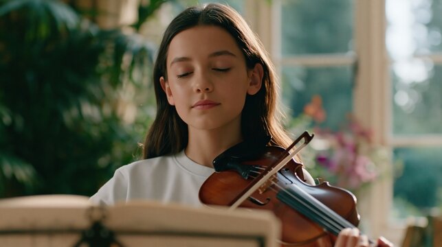 Young Girl Playing Violin with Eyes Closed