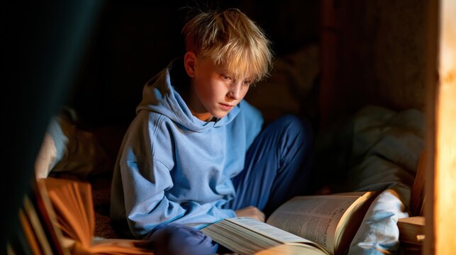 Young Boy Reading a Book in a Cozy Nook: A young boy with blonde hair, wearing a blue hoodie, is engrossed in reading a large book in a dimly lit, cozy space.