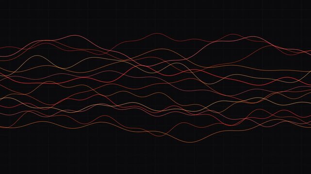 Minimalist abstract background loop featuring waving orange and red neon sound wave lines flowing over a dark grid backdrop. Ideal for technology, audio, and cyber presentation slides