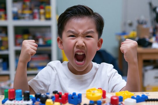 Furious Child with Building Blocks: A young boy, consumed by anger, screams with his fists clenched, surrounded by colorful building blocks. Capturing the raw emotion of frustration.
