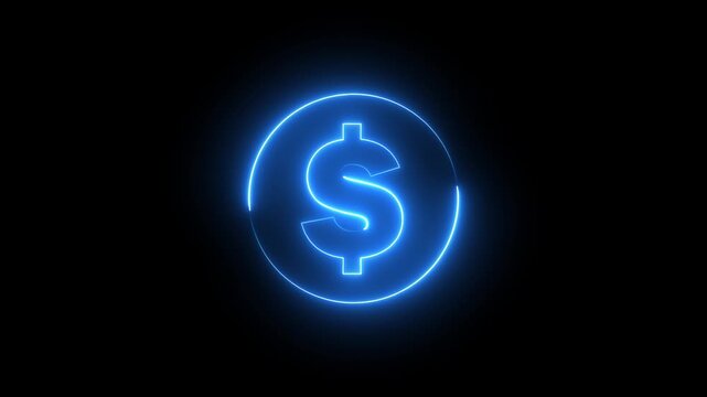 Neon dollar sign icon animation glowing blue color us currency finance money bank on black background	