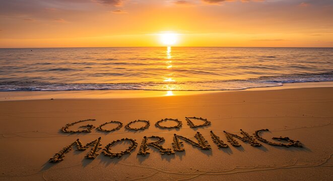 Scenic ocean beach sunrise with the words Good Morning written in the sand