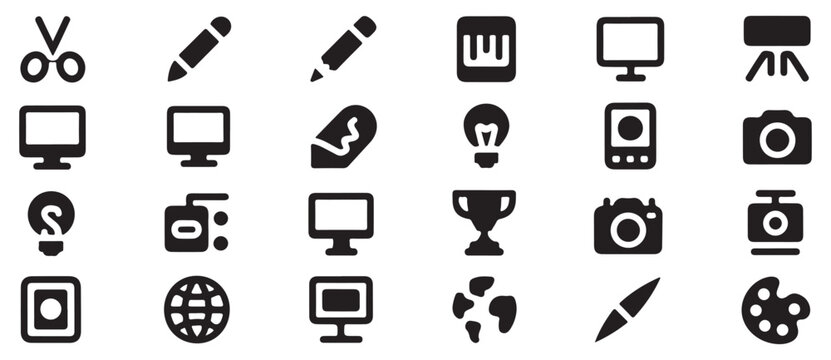 Minimalist creative solid icons collection featuring essential digital design tools and media.