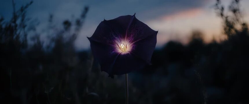 Nightshade flower with violet lens flare in a withered garden